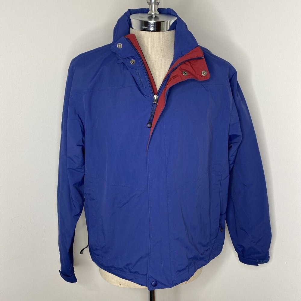 LL Bean Mens Windbreaker Jackets Sz M Blue Nylon Hood Pockets Coat